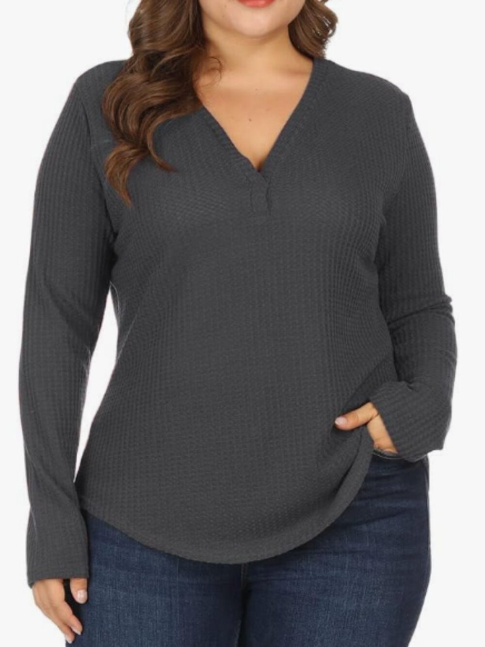 ALLEGRACE Women’s Plus Size 3X Charcoal Waffle Knit V-Neck Pullover Top
